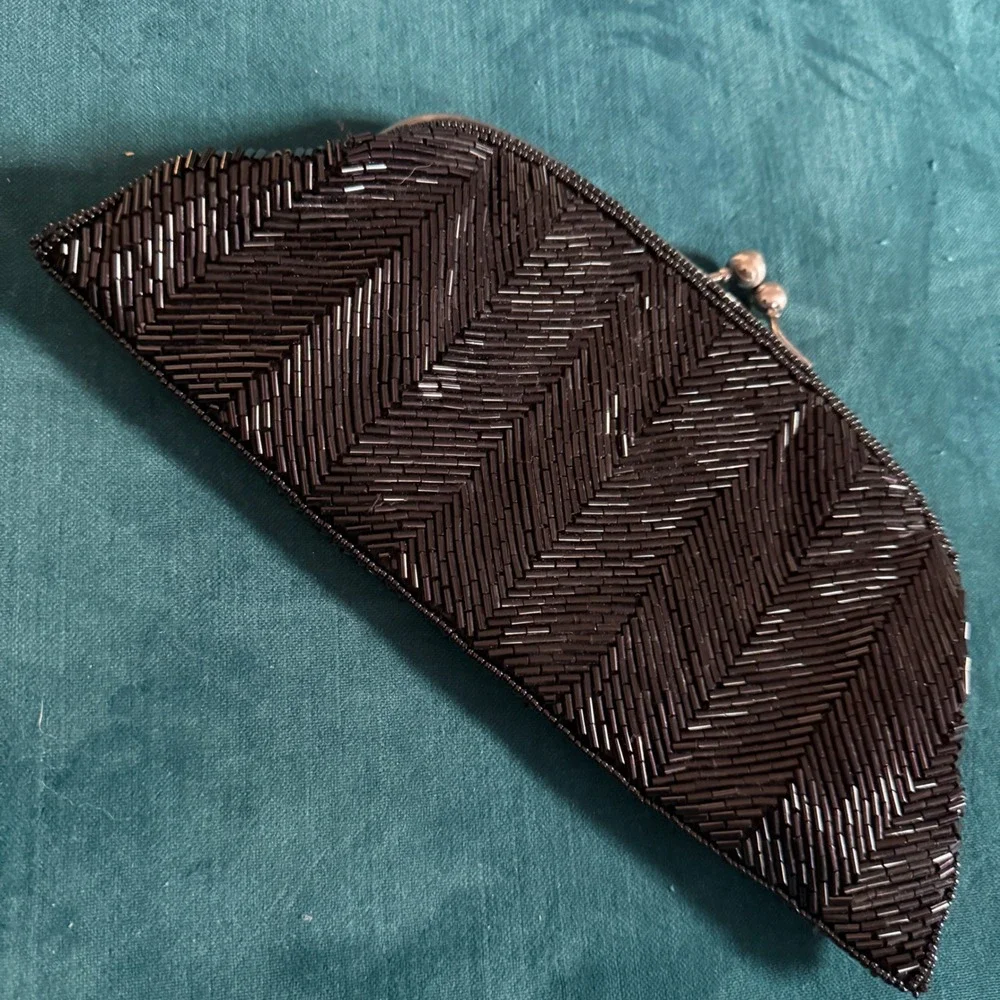 The Limited Beaded Evening Clutch‎ Purse Black Glass Bead Silver Chain Y2K 9